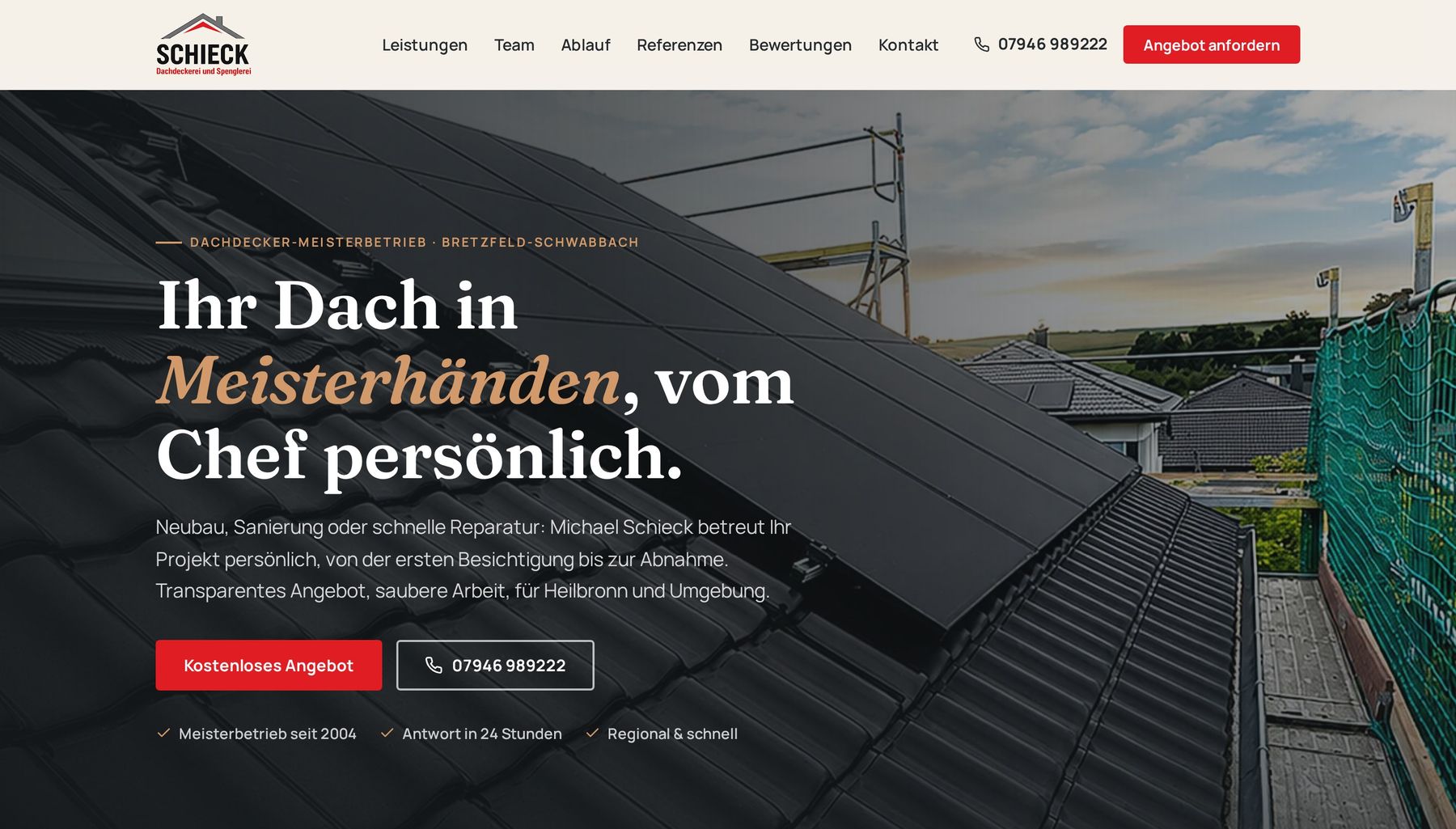 Startseite der Website von Schieck Bedachungen, Bretzfeld
